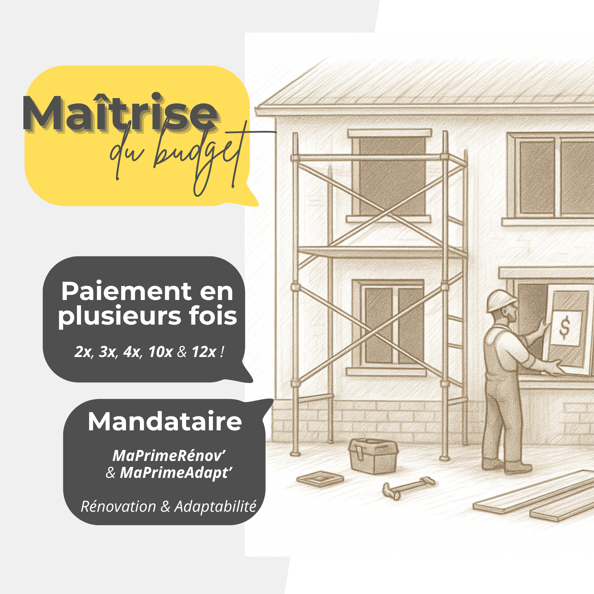 Menuisier du Sud - Maîtrisez votre budget : Paiement en plusieurs fois & Primes de l'Etat Maîtriser votre budget travaux en étalant vos paiements : paiements en plusieurs fois / aides & primes de l'état, mandataire : MaPrimeRénov' / MaPrimeAdapt'