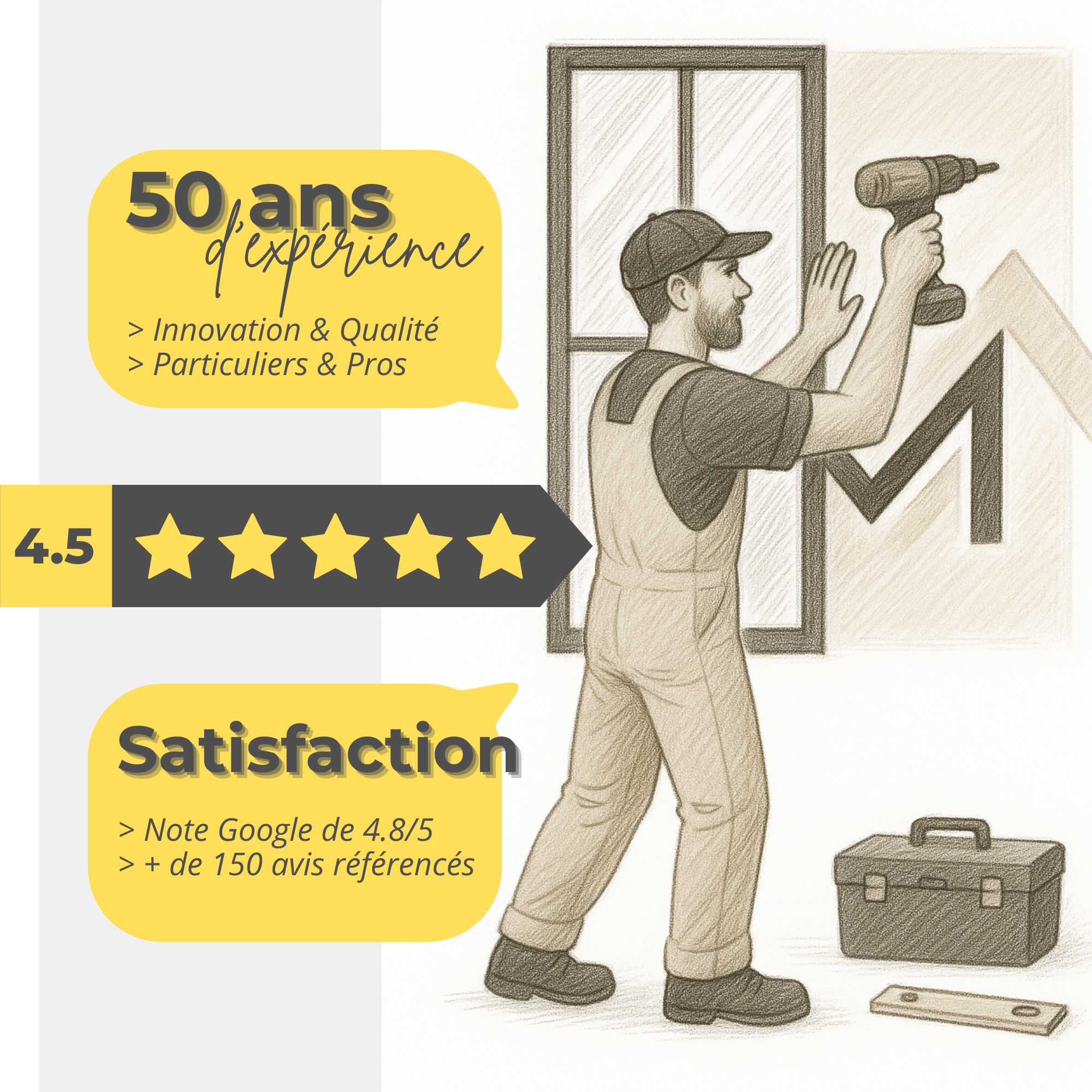 Menuisier du Sud - Expérience et Satisfaction CLIENT Illustration traduisant les 50 ans d'expérience de Menuisier du Sud + Satisfaction client à 4.5/5